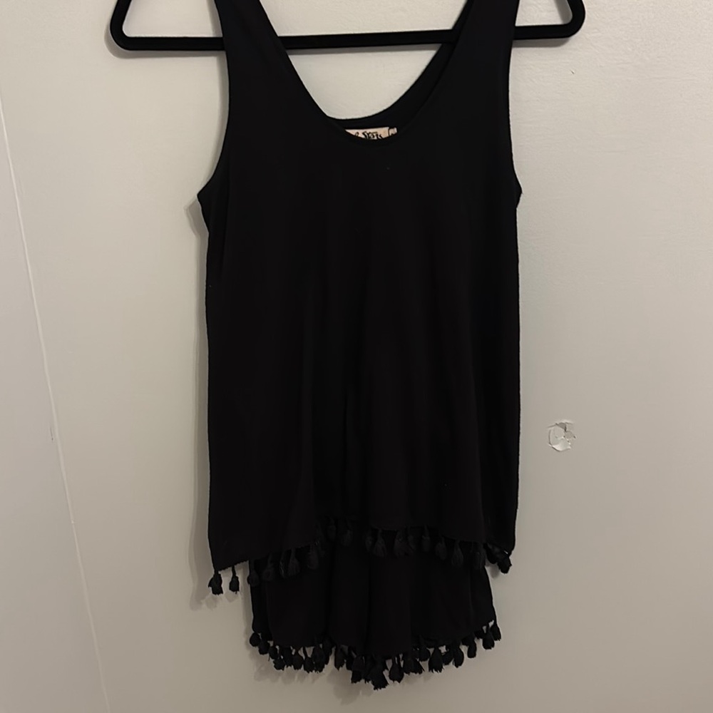 Black Sleeveless Romper with Tassel Hem